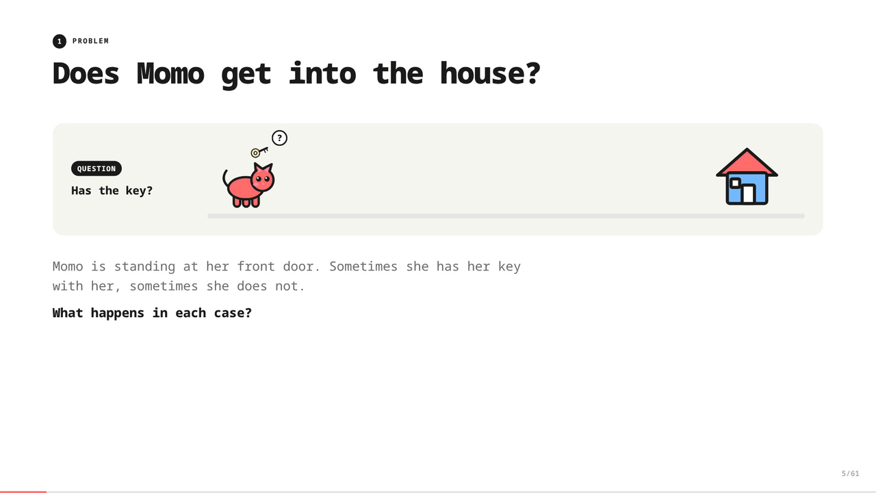 Momo's door: the story plays out both ways, becomes pseudo-code, then Python.